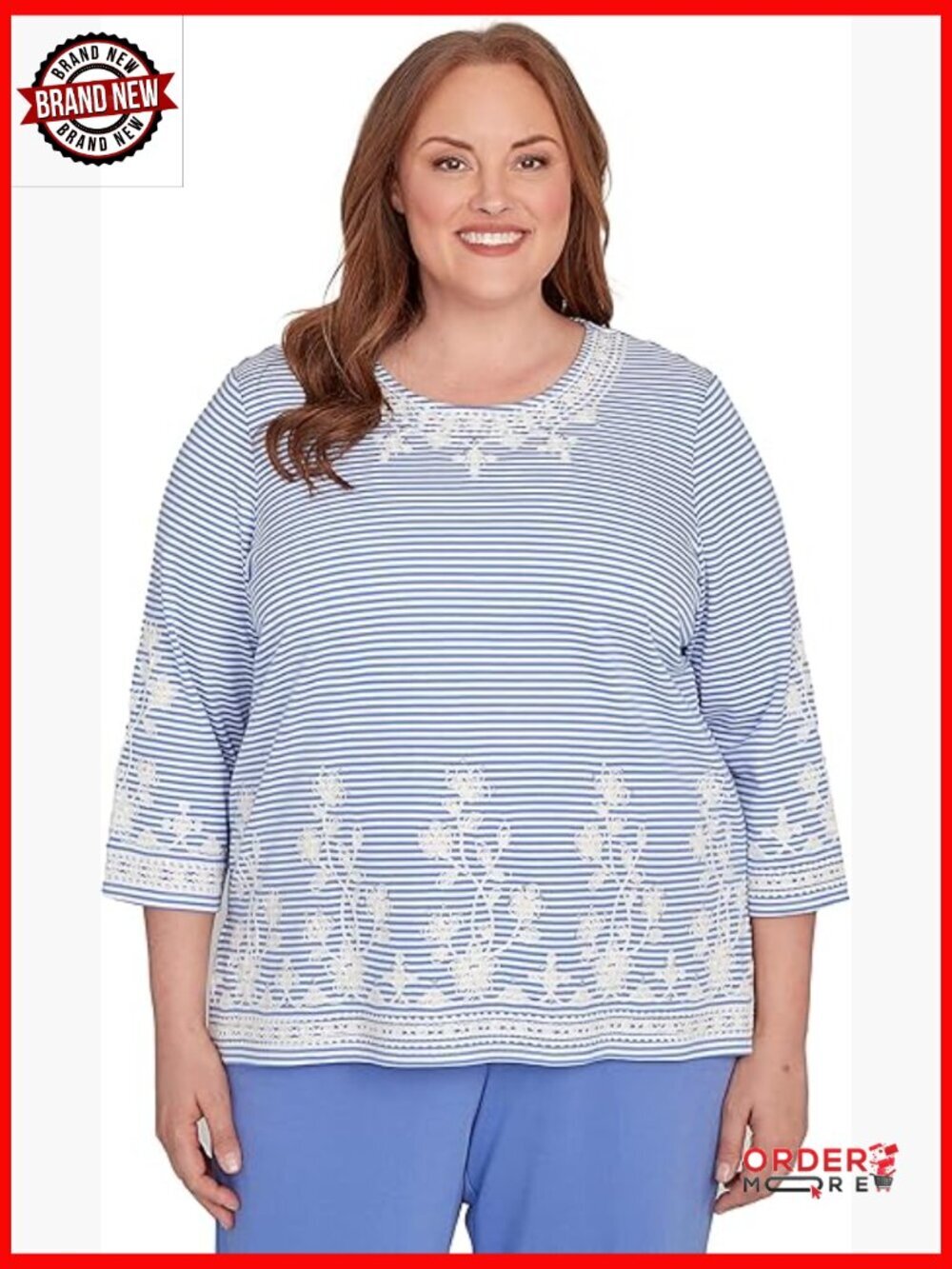 Striped Embroidered Crew Neck Top with Shimmer 3/4 Sleeve